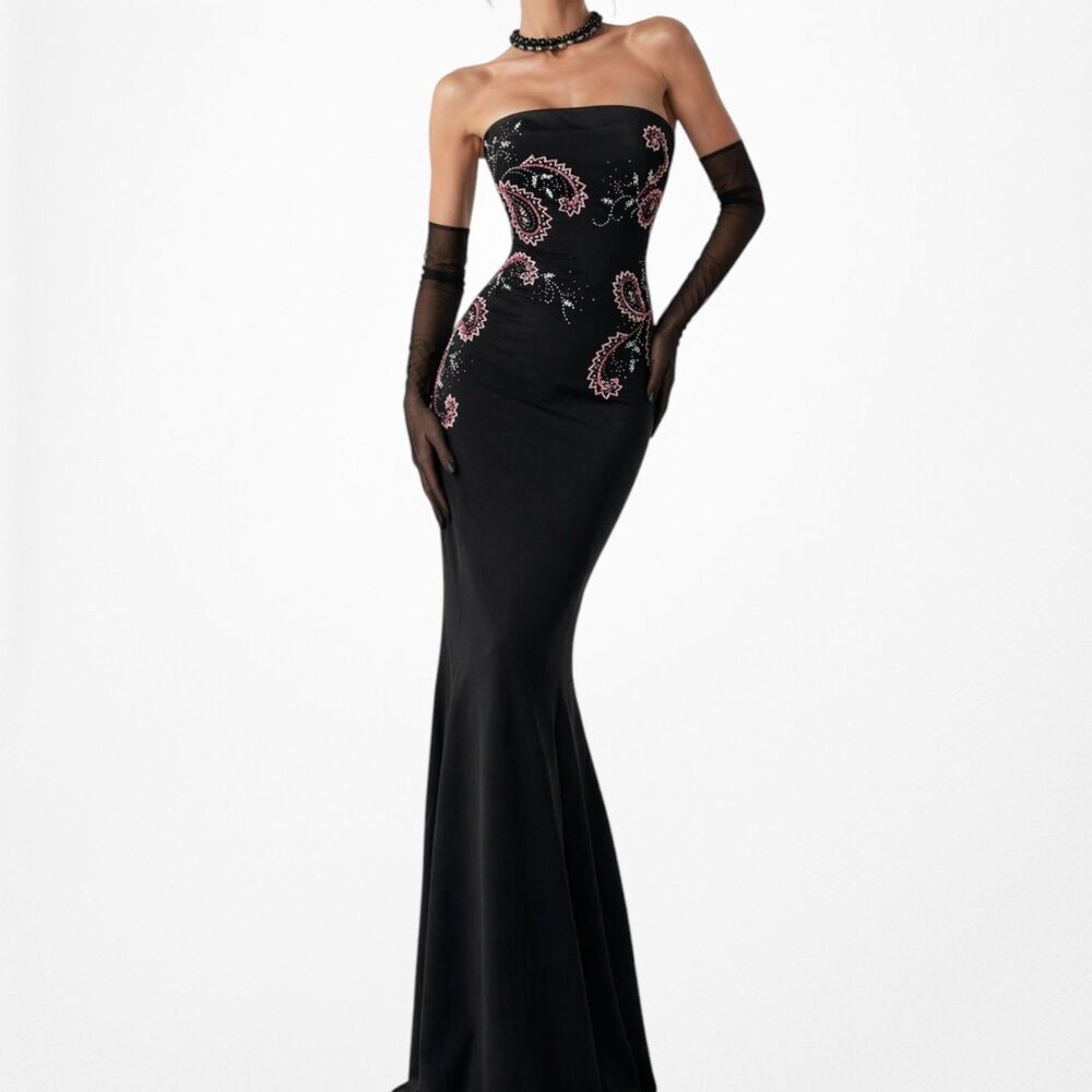 Vintage Y2K 90s Black Velvet Knit Floral Beaded Bodycon Maxi Prom Dress Size S